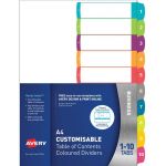 Avery Customisable Table Of Contents A4 1-10 Tabs Coloured Fsc Mix Credit | 61-231691